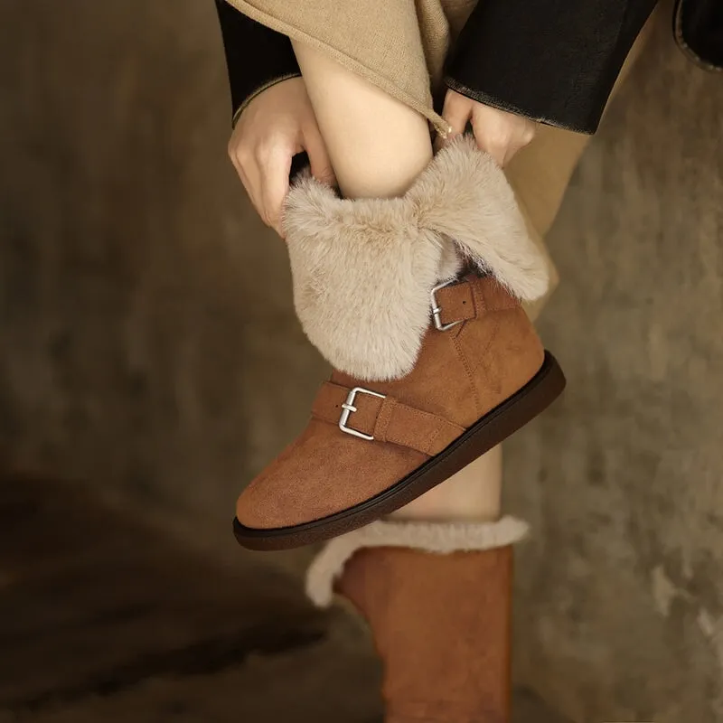 Foldable Suede Leather Mid Calf Snow Boots with Double Buckles in Coffee/Brown/Khaki Hunter Intrepid Tall Snow Boot