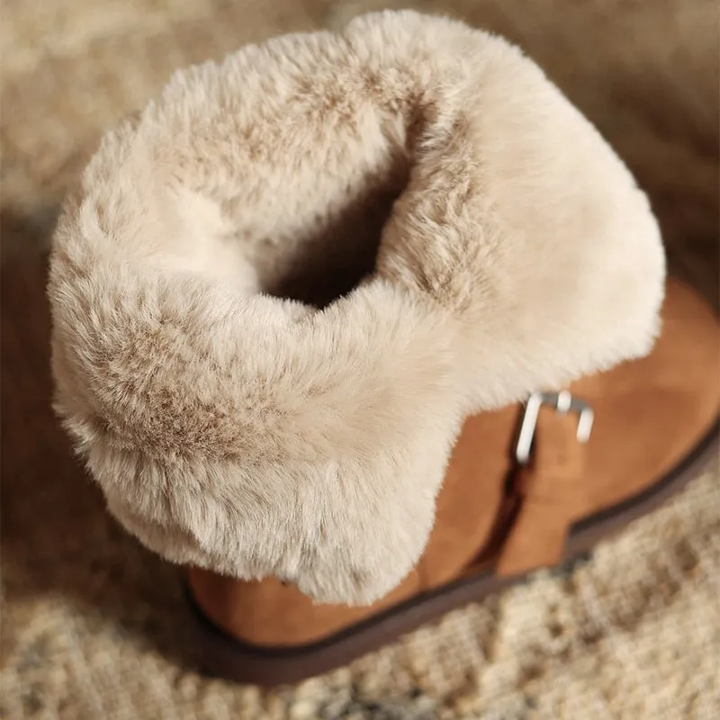 Foldable Suede Leather Mid Calf Snow Boots with Double Buckles in Coffee/Brown/Khaki Snow Boots Crampons