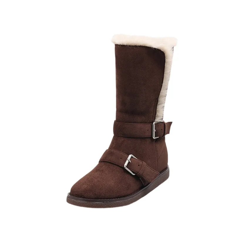 Timberlands Snow Boots Foldable Suede Leather Mid Calf Snow Boots with Double Buckles in Coffee/Brown/Khaki