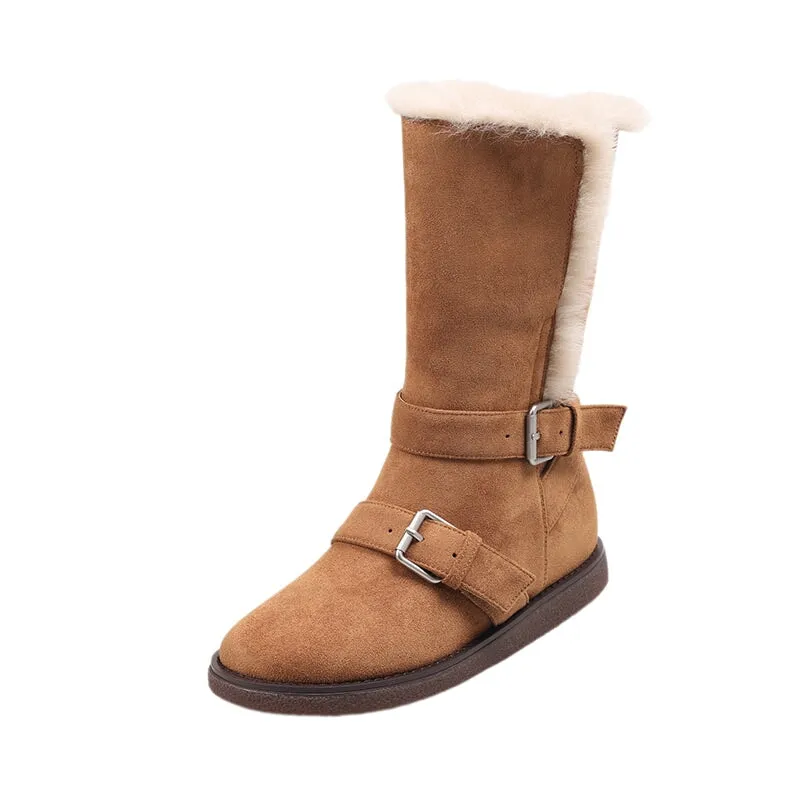 Thinsulate Snow Boots Foldable Suede Leather Mid Calf Snow Boots with Double Buckles in Coffee/Brown/Khaki