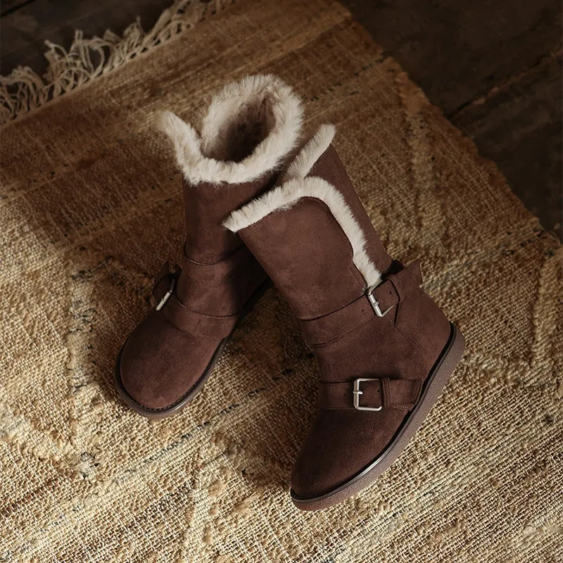 Foldable Suede Leather Mid Calf Snow Boots with Double Buckles in Coffee/Brown/Khaki Toddlers Snow Boots