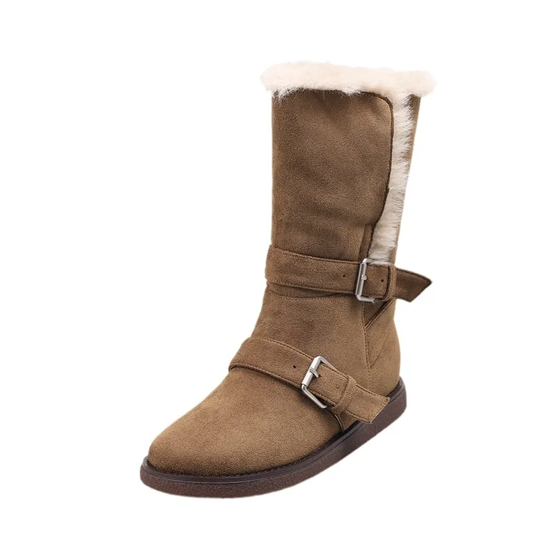 Foldable Suede Leather Mid Calf Snow Boots with Double Buckles in Coffee/Brown/Khaki Snow Boots Target Mens