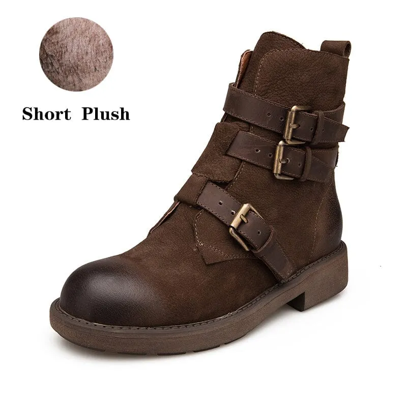 Full Grain Leather Combat Boots Designer Retro Chunky Buckle Boots Coffee/Black Snow Boots Fur Lined