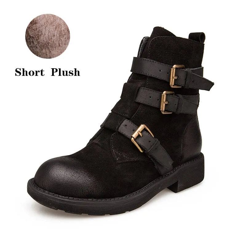 Full Grain Leather Combat Boots Designer Retro Chunky Buckle Boots Coffee/Black Oshkosh B'gosh Snow Boots