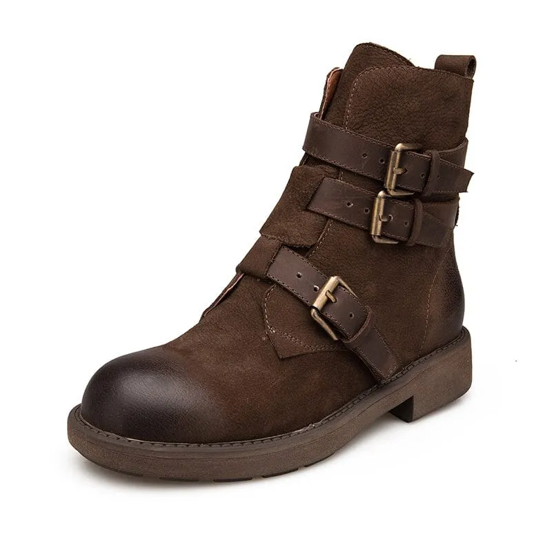 Full Grain Leather Combat Boots Designer Retro Chunky Buckle Boots Coffee/Black Used Snow Boots