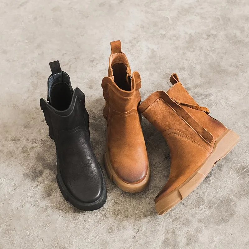 Side Zipper Chelsea Boots WaxingLeather Short Boots for Winter Black/Coffee Apres Ski Snow Boots