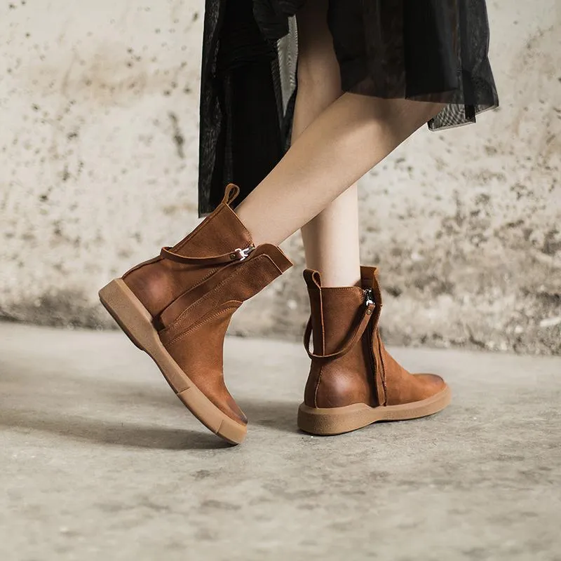 Snow Boots 7 Side Zipper Chelsea Boots WaxingLeather Short Boots for Winter Black/Coffee