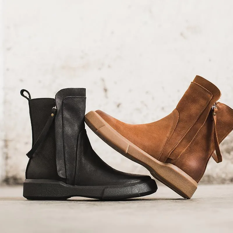 Puff Snow Boots Side Zipper Chelsea Boots WaxingLeather Short Boots for Winter Black/Coffee