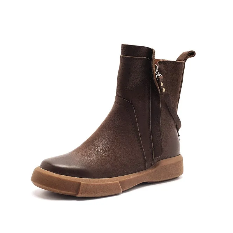 Snow Boots Junior Side Zipper Chelsea Boots WaxingLeather Short Boots for Winter Black/Coffee