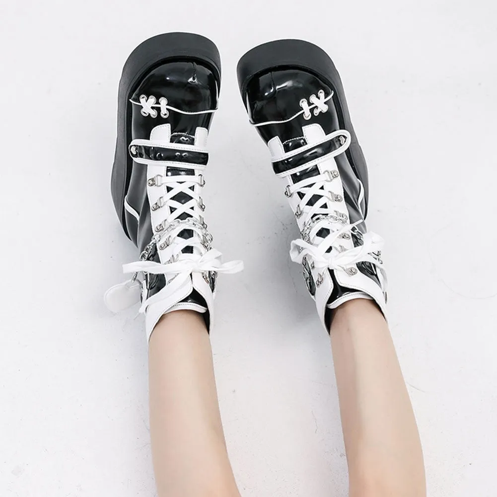 Gothic Lolita Mid-Calf Motorcycle Boots Adidas Handball Shoes