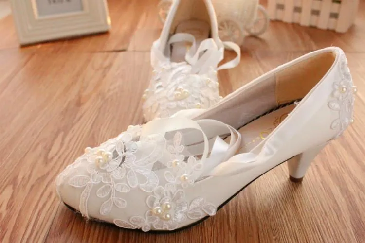 Lace Pearls Pointed Toes Women Wedding Shoes With Ribbons Lace Up, S018 Pants Dress Shoes
