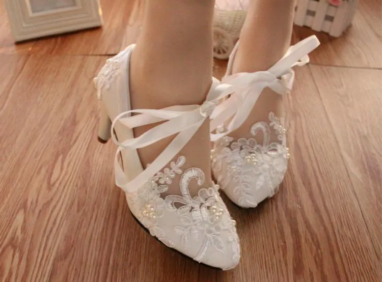 Lace Pearls Pointed Toes Women Wedding Shoes With Ribbons Lace Up, S018 Dress Wedge Shoes