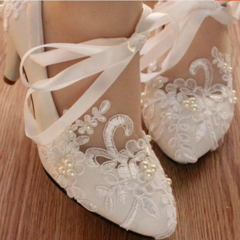 Lace Pearls Pointed Toes Women Wedding Shoes With Ribbons Lace Up, S018 George Dress Shoes