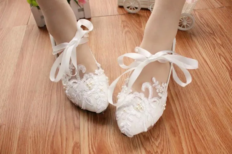 Lace Pearls Pointed Toes Women Wedding Shoes With Ribbons Lace Up, S018 Warehouse Dress Shoes
