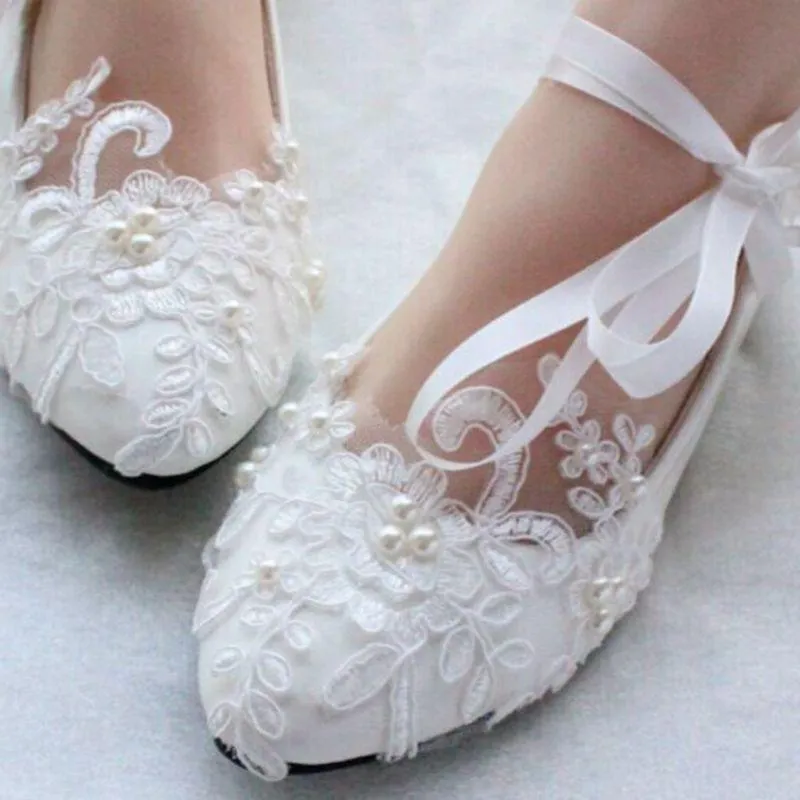 Custom Made Shoes Lace Pearls Pointed Toes Women Wedding Shoes With Ribbons Lace Up, S018