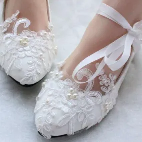 Dress With Flats Shoes Lace Pearls Pointed Toes Women Wedding Shoes With Ribbons Lace Up, S018