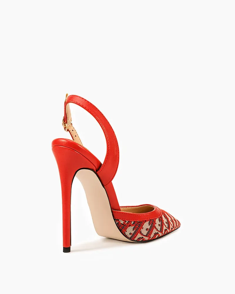 Green Print Pointed Toe Slingback High Heel Pumps Leather High Heels