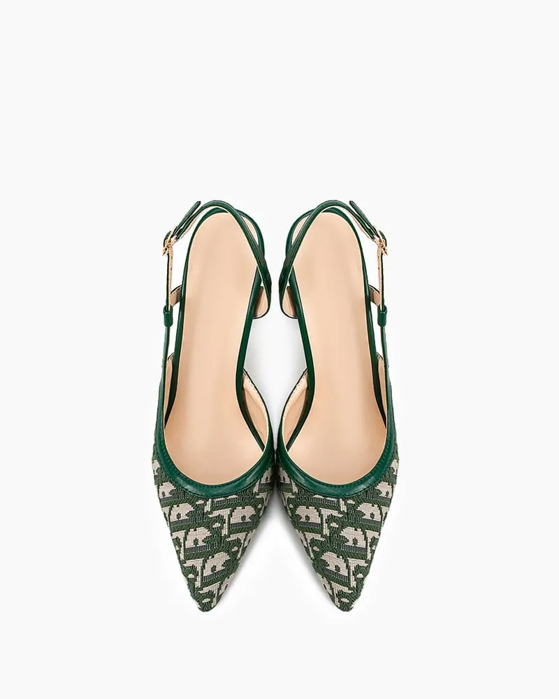 Green Print Pointed Toe Slingback High Heel Pumps Reddit High Heels