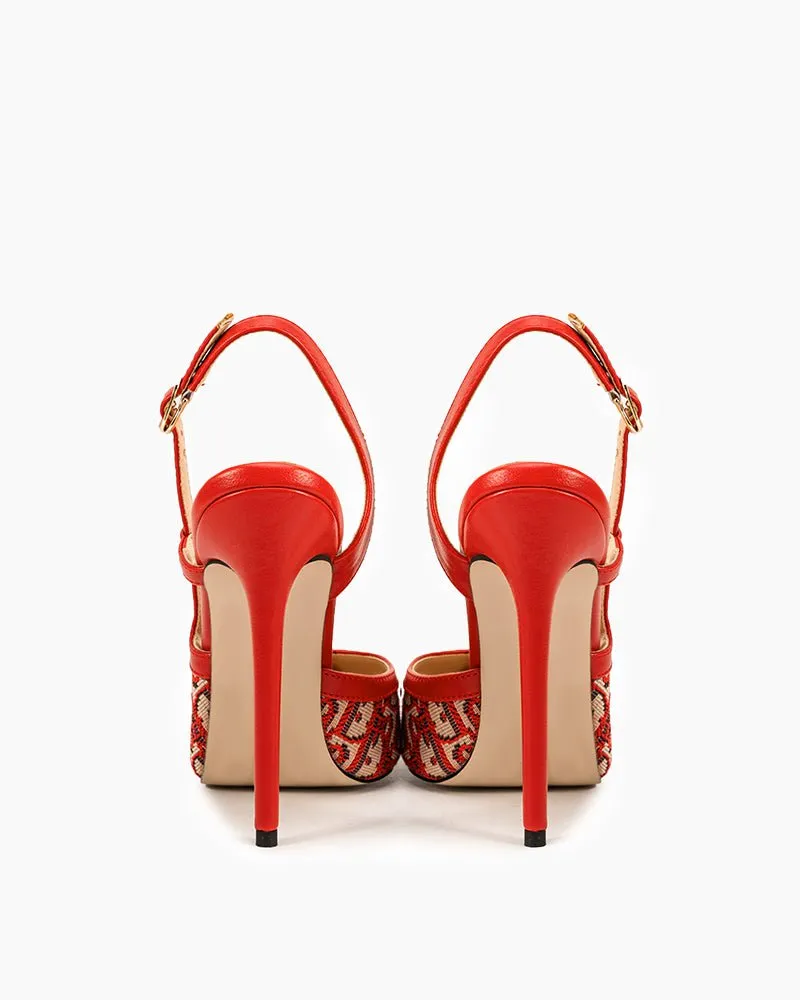 Bottom High Heels Price Green Print Pointed Toe Slingback High Heel Pumps