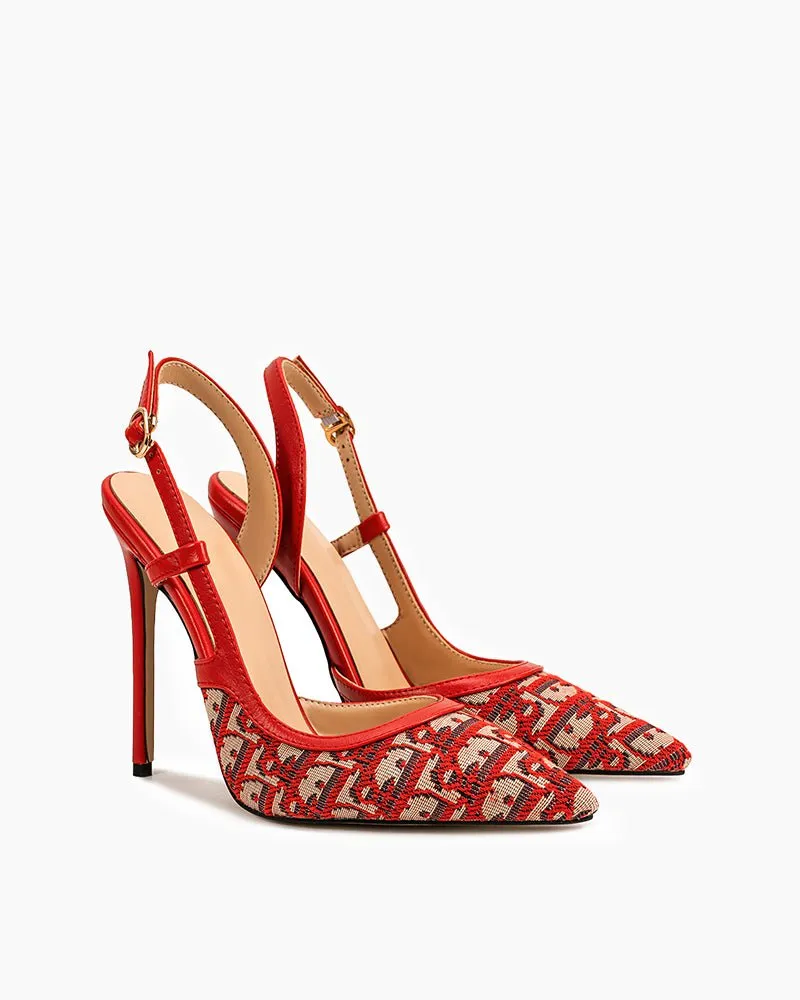 High Heel Shoes Near Me Green Print Pointed Toe Slingback High Heel Pumps