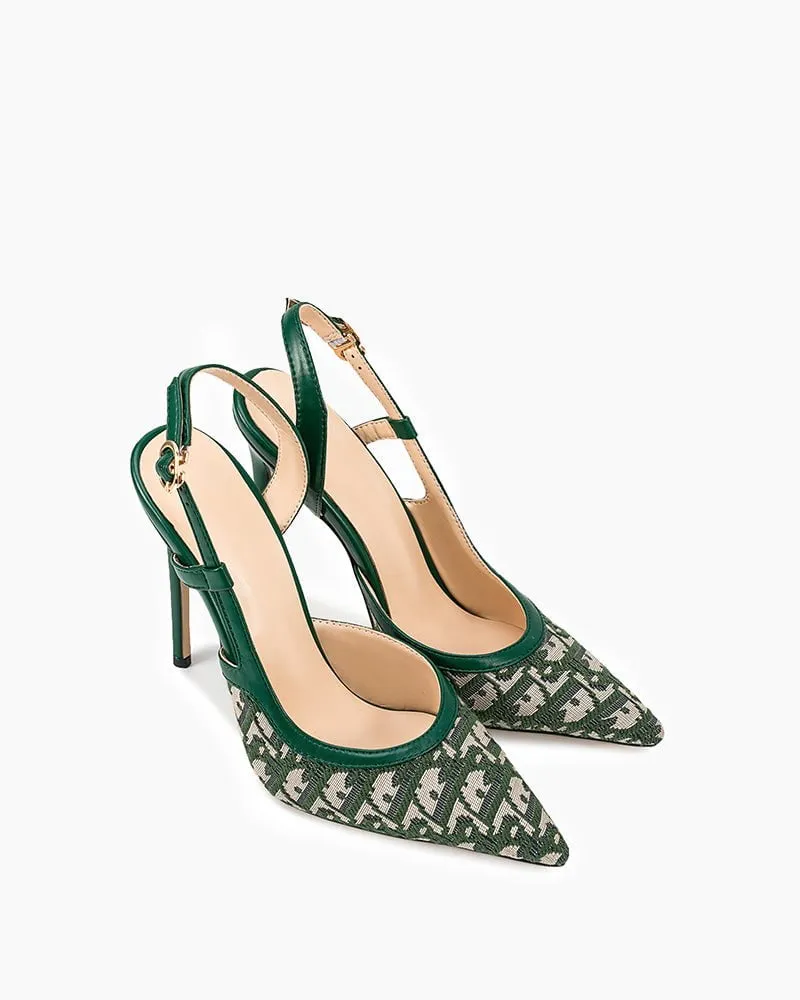 Green Print Pointed Toe Slingback High Heel Pumps High Heel Mold