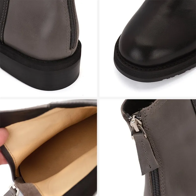 Handmade Leather Booties Round Toe Back Zip Block Heel Chic Ankle Boots in Black Snow Boot Laces