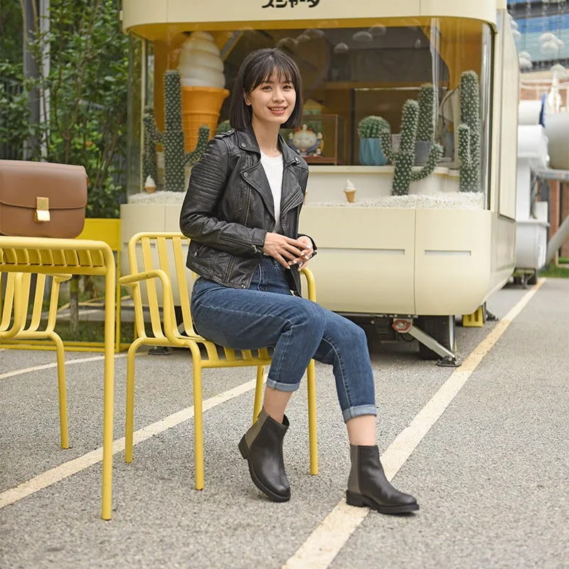 Odr Snow Boots Handmade Leather Booties Round Toe Back Zip Block Heel Chic Ankle Boots in Black