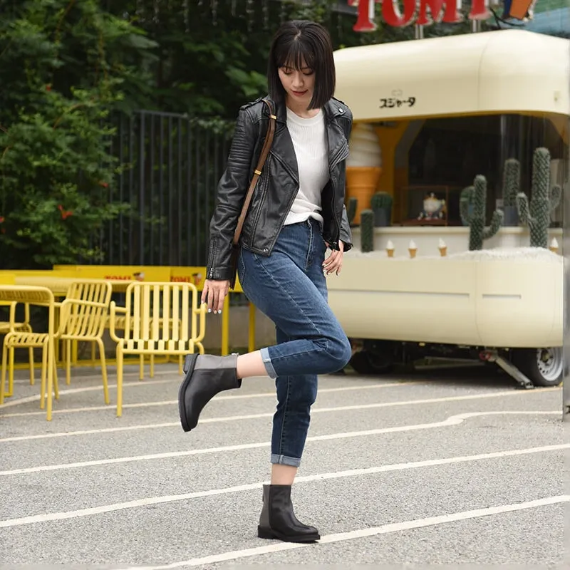 Tingley Snow Boots Handmade Leather Booties Round Toe Back Zip Block Heel Chic Ankle Boots in Black