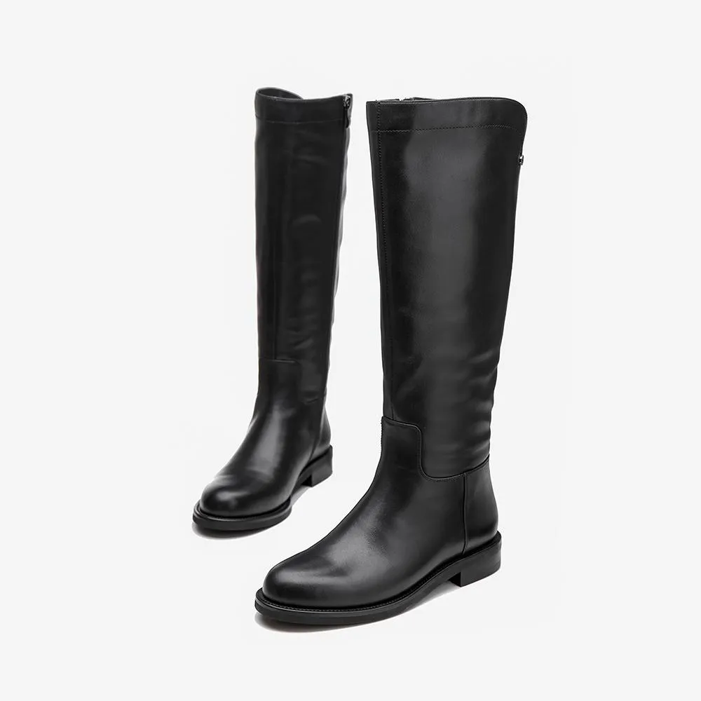 Handmade SoftLeather Knee High Boots Side Zip Riding Boots Black Short Plush Macy Snow Boots