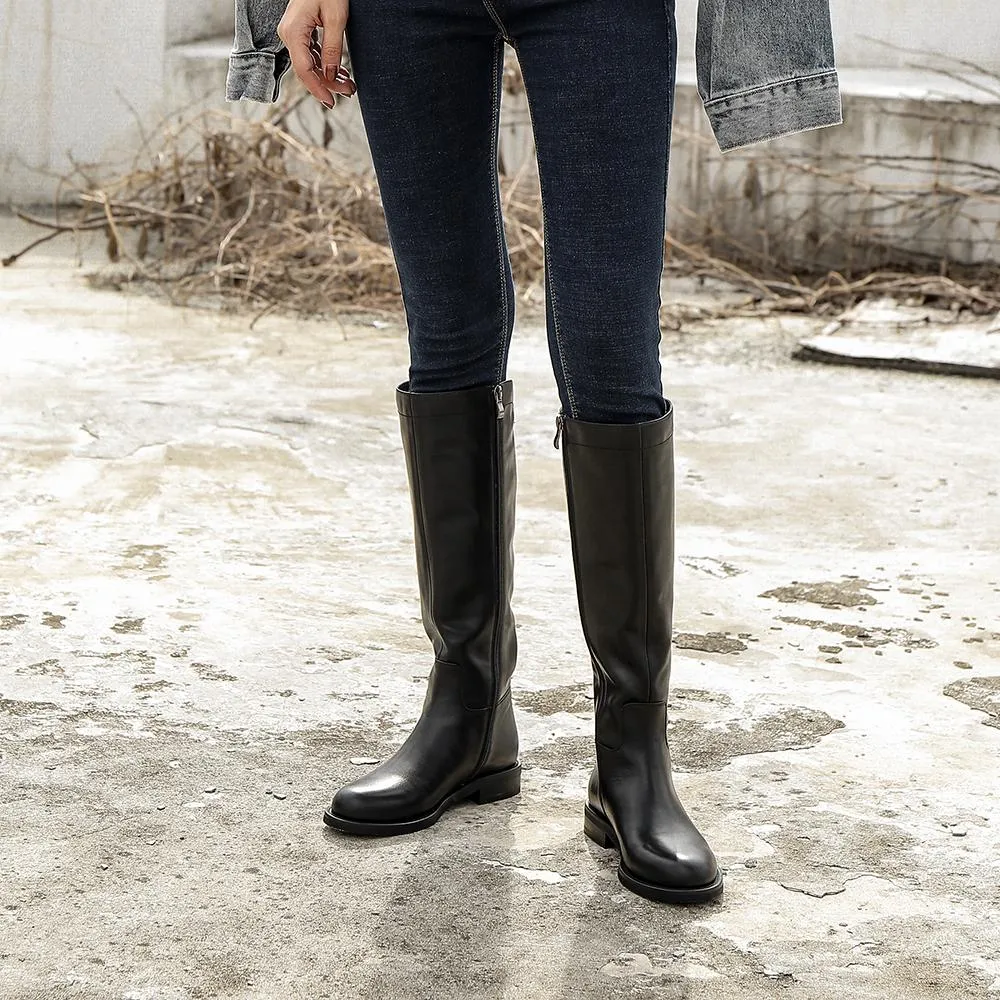 Snow Boots With Removable Liners Handmade SoftLeather Knee High Boots Side Zip Riding Boots Black Short Plush