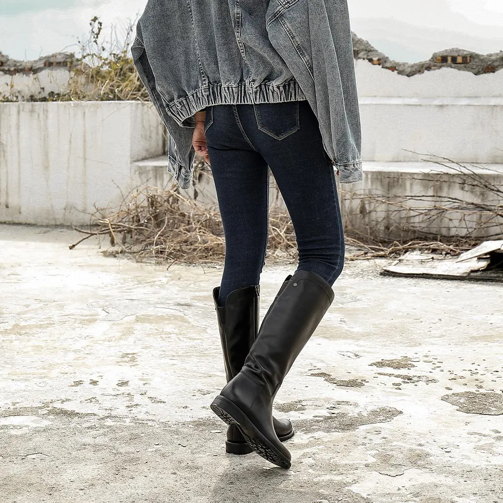 Handmade SoftLeather Knee High Boots Side Zip Riding Boots Black Short Plush Bearpaw Winter Snow Boot