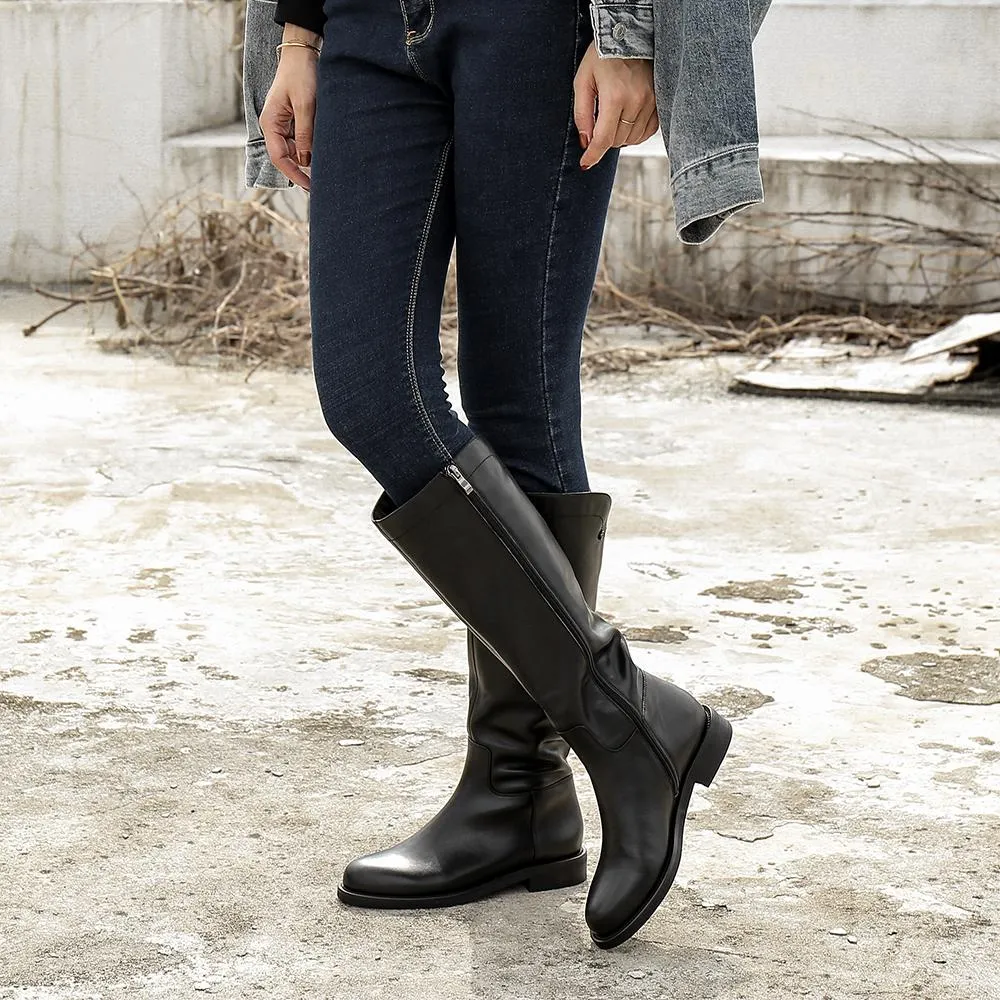 Columbia Ice Maiden Snow Boot Handmade SoftLeather Knee High Boots Side Zip Riding Boots Black Short Plush