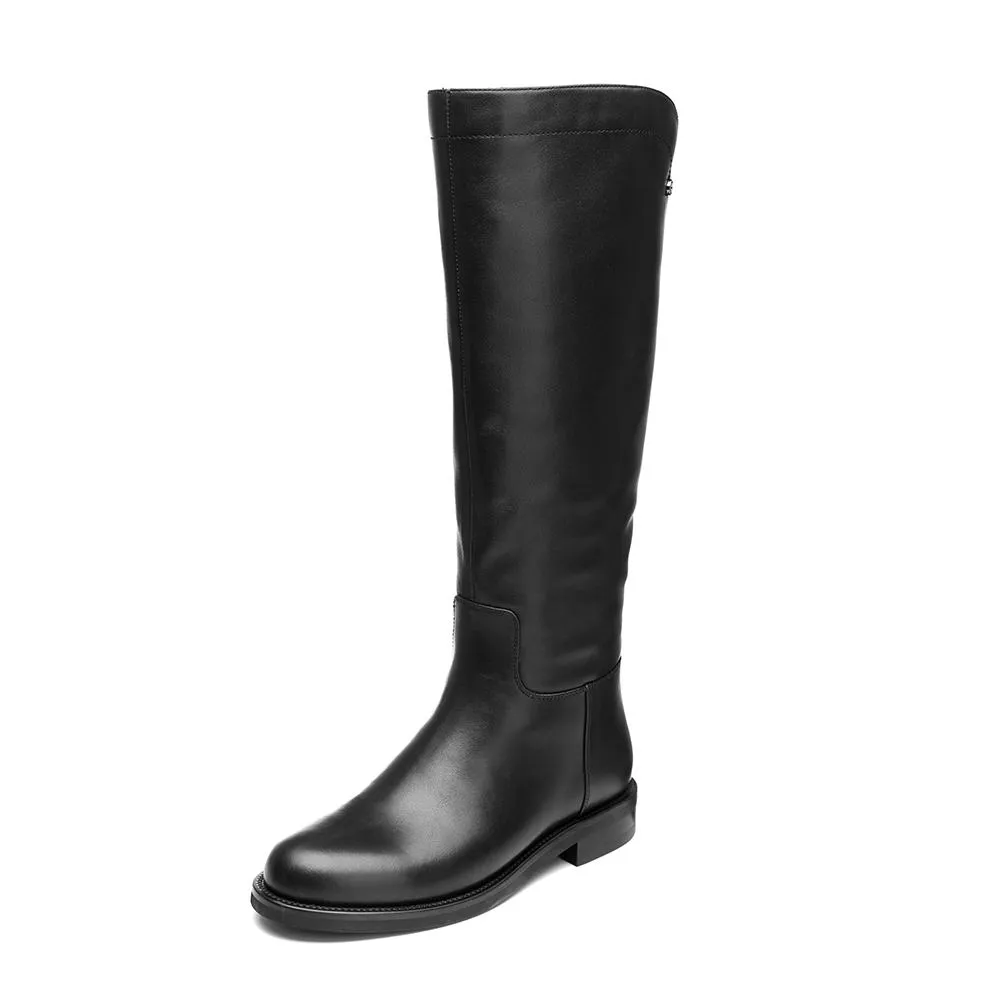 Snow Boots Plus Size Handmade SoftLeather Knee High Boots Side Zip Riding Boots Black Short Plush