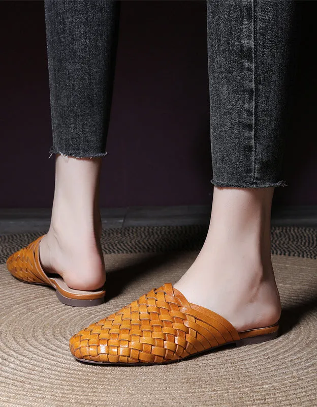 Handmade Woven Leather Round Head Slippers Shoes For Arches