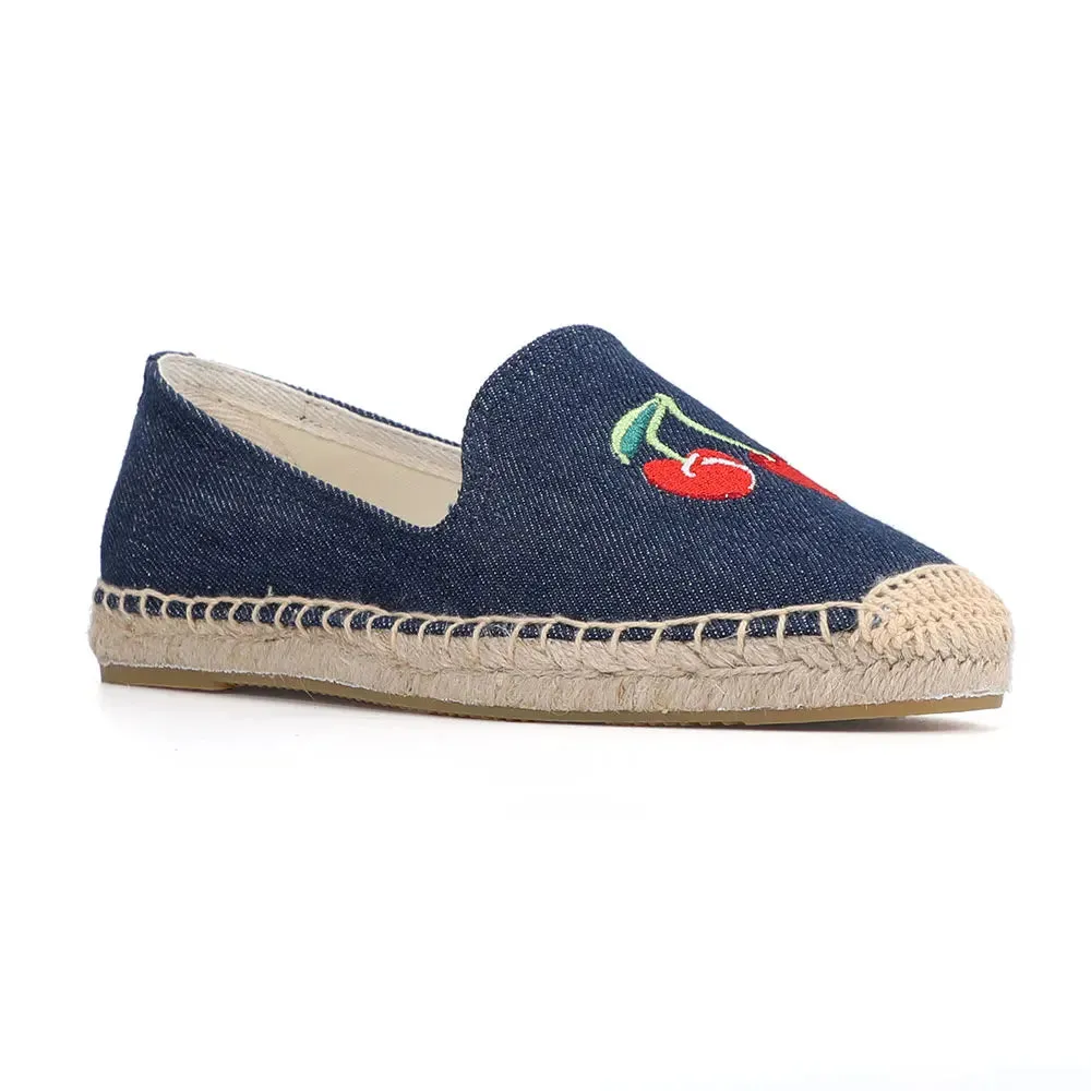 Cherry Embroidery Denim Espadrille Loafers Lug Sole Penny Loafers