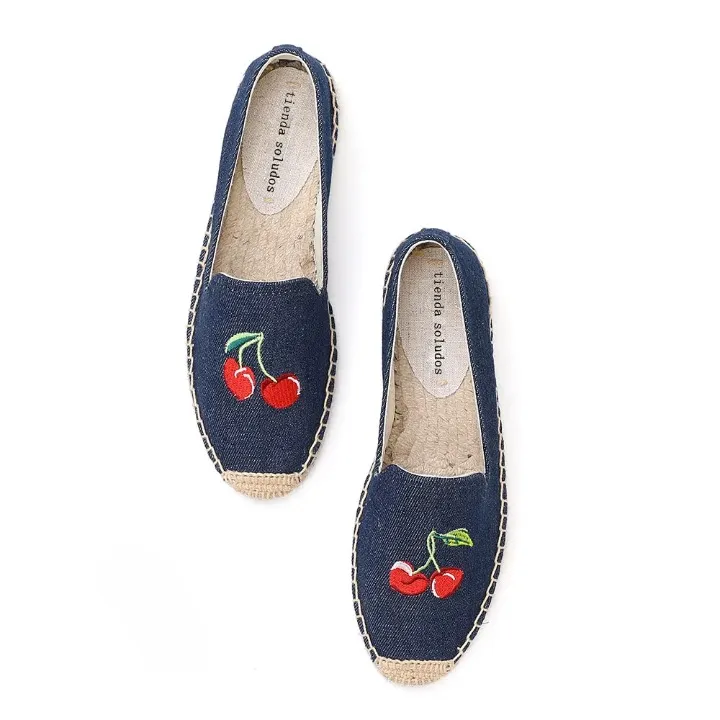 Loafers With White Socks Cherry Embroidery Denim Espadrille Loafers