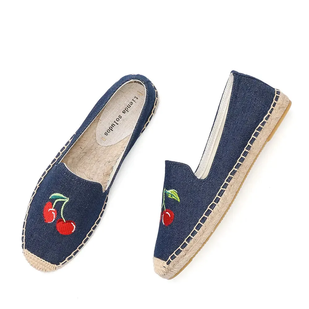 Cherry Embroidery Denim Espadrille Loafers Penny In Loafers