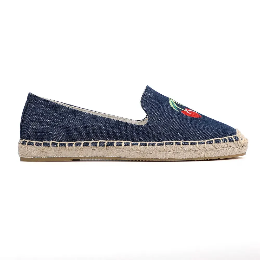 Cherry Embroidery Denim Espadrille Loafers Polo Loafers