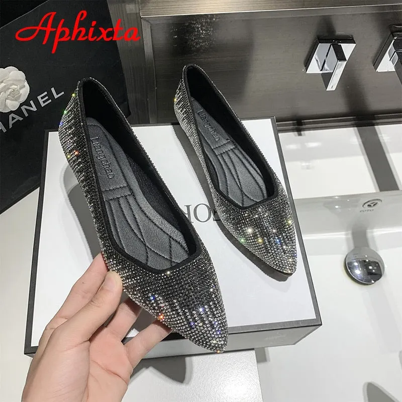Crystals Loafers Women Soft Flat Heel Shoes Pointed Toe Female Ladies Slip On Loafers For Beach