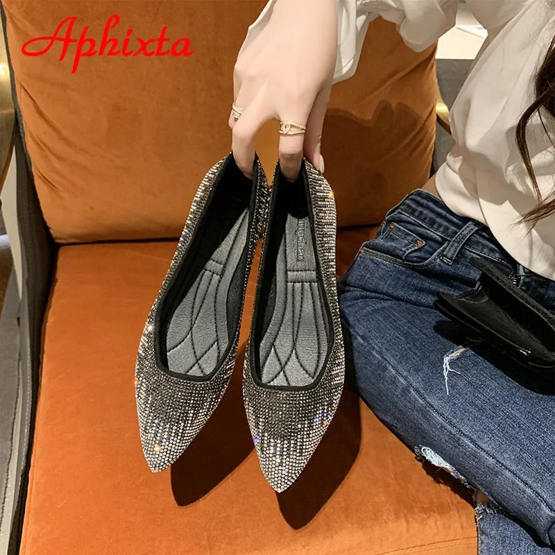 Crystals Loafers Women Soft Flat Heel Shoes Pointed Toe Female Ladies Slip On Sports Loafers