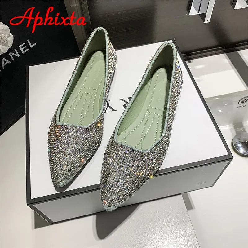 Worn Out Loafers Crystals Loafers Women Soft Flat Heel Shoes Pointed Toe Female Ladies Slip On
