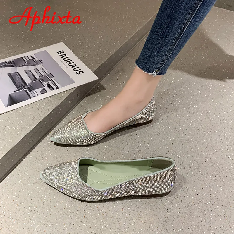 Crystals Loafers Women Soft Flat Heel Shoes Pointed Toe Female Ladies Slip On Loafers To Wear With Jeans
