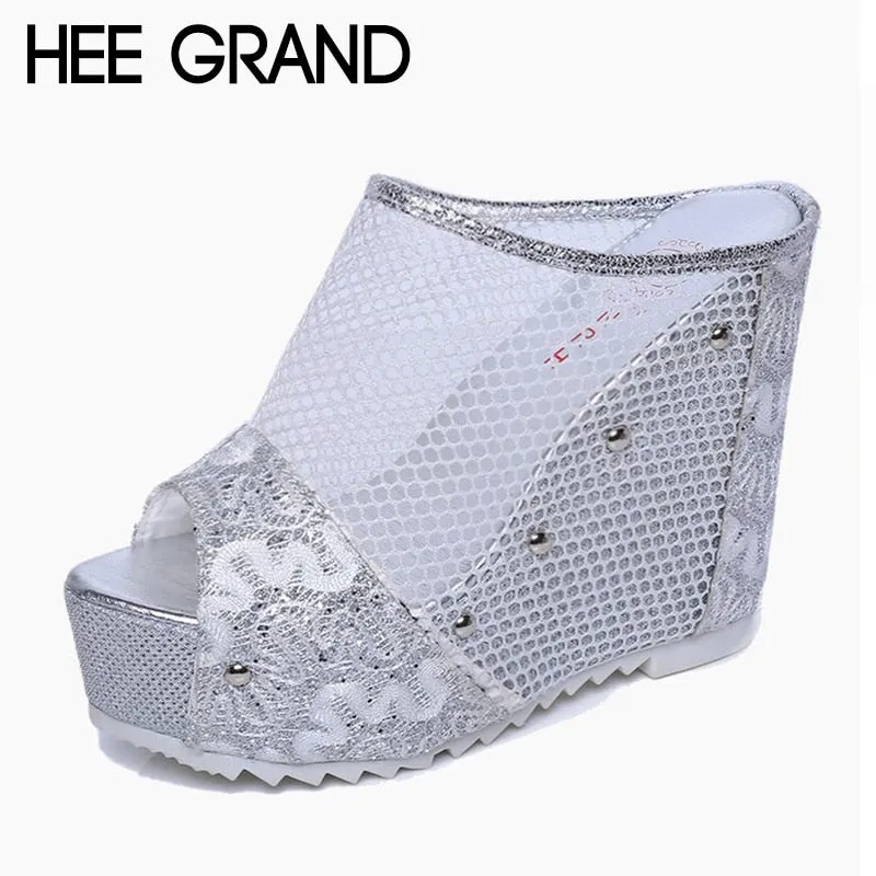 Novelty Slippers HEE GRAND Crystal Decoration Women Wedge Slippers Fish Mouth Sandals High Heel Comfortable Shoes Women Vacation Shoes XWD6540