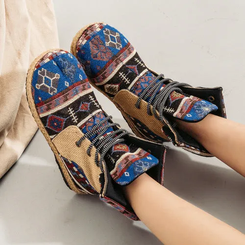 Adidas Ultraboost Running Shoes High-top Linen Cloth Shoes Embroidered Lace-up Flanging Color Matching Shoes National Wind Cotton and Linen Booties