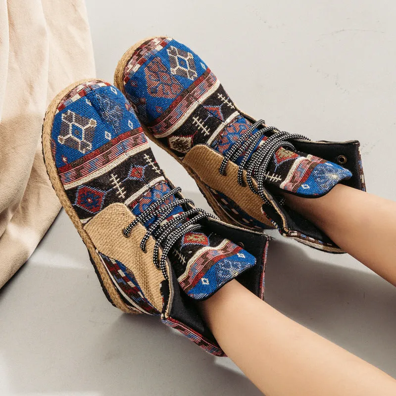 High-top Linen Cloth Shoes Embroidered Lace-up Flanging Color Matching Shoes National Wind Cotton and Linen Booties Adidas Shoes Recycled Ocean Plastic