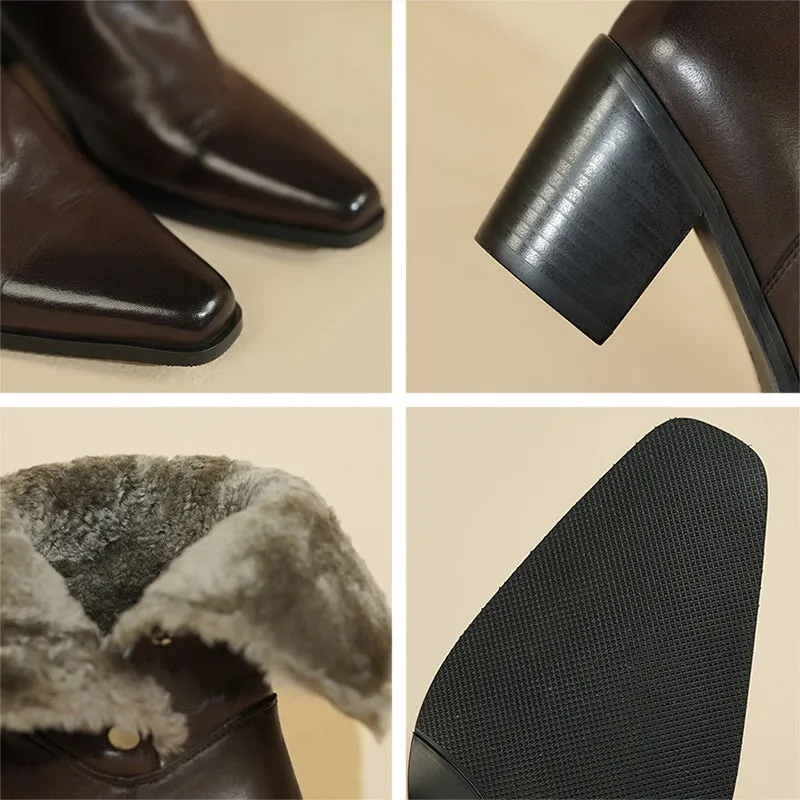 Snow Boots Amazon Horse Leather Shearling Lined Almond Toe Mid Calf Western Boots Cowboy Boots For Women In Black/Coffee