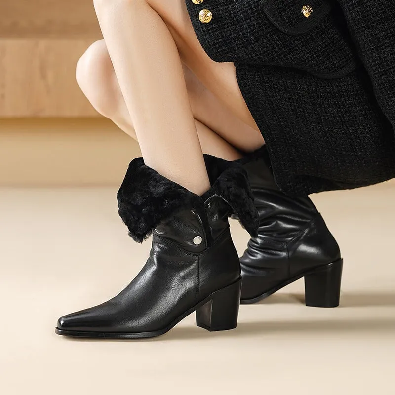 Chanel Snow Boots Horse Leather Shearling Lined Almond Toe Mid Calf Western Boots Cowboy Boots For Women In Black/Coffee