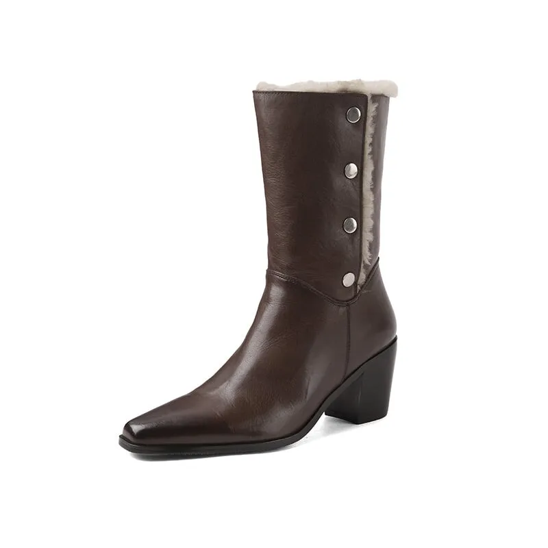 Snow Boots Trendy Horse Leather Shearling Lined Almond Toe Mid Calf Western Boots Cowboy Boots For Women In Black/Coffee