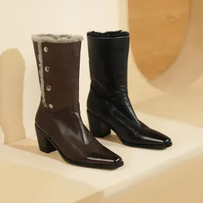 Horse Leather Shearling Lined Almond Toe Mid Calf Western Boots Cowboy Boots For Women In Black/Coffee Sorel Flurry Snow Boots