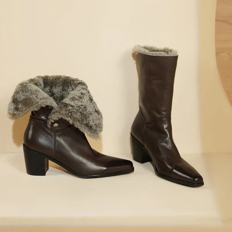 Horse Leather Shearling Lined Almond Toe Mid Calf Western Boots Cowboy Boots For Women In Black/Coffee Shop Waterproof Snow Boots On Sale